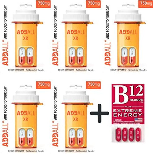 Addall XR Brain Boost Supplement Increase Mental Focus, Improve Concentration Supplement 750 mg/Capsule - 5 Pack (10 Capsules) - Ships in a Box + Free Pack of Vitamin B12 Pills (4 Capsules)