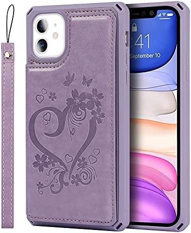 Jaorty for iPhone 11 Wallet Case with RFID Blocking Card Holder for Girls Women,Premium PU Leather Magnetic Buttons Stand Flip Wrist Strap Case for iPhone 11 6.1 Inch,Heart Purple