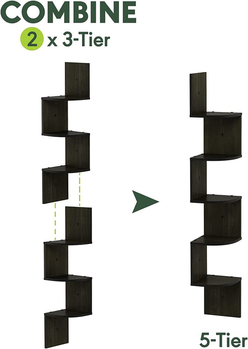 Furinno Rossi Wall Mount Floating Corner Shelf, 3-Tier Radial Set of 2, Espresso