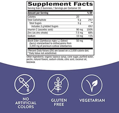 Nature’s Way Sambucus Elderberry Gummies, Immune Support Gummies*, Black Elderberry with Vitamin C and Zinc, 60 Gummies