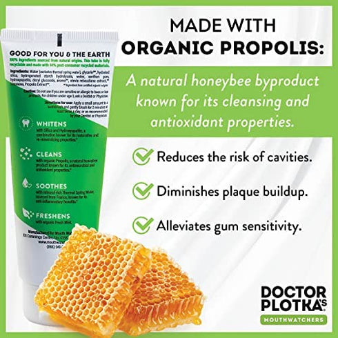 Dr Plotkas Natural Fluoride Free Whitening Toothpaste by Mouthwatchers | Organic Propolis and Fresh Organic Mint | Sensitive Teeth and Gums | | 3 Oz. Tube