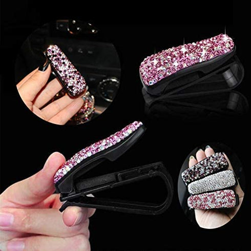 CHIMUYU Glasses Holders for Car Sun Visor, 2 Pack Bling Crystal Rhinestones Fashion Car Eyeglasses Sunglasses Hanger Mount with Ticket Card Clip for Women Girls (Red)
