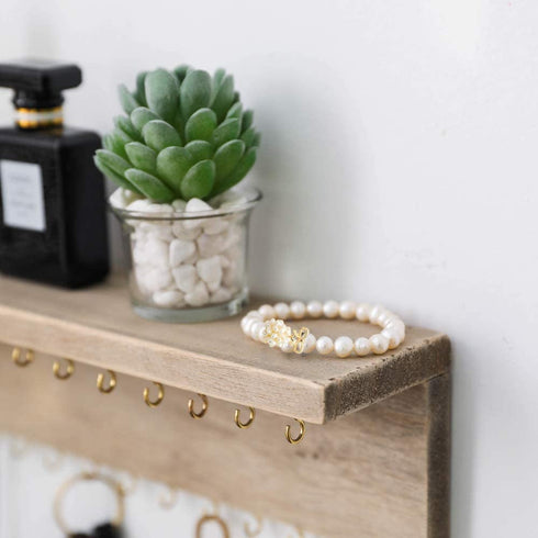 Byher Wall Mounted Jewelry Organizer with 24 Hooks - Rustic Wood Shelf Jewelry Display - Storage for Necklaces, Bracelets, Earrings, Bows (24 Hooks)