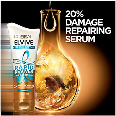 L'Oreal Paris Elvive Extraordinary Oil Rapid Reviver Deep Conditioner, Hydrates Dry Hair, No Leave-In Time, with Damage Repairing Serum and Hair Oil, 6 oz.