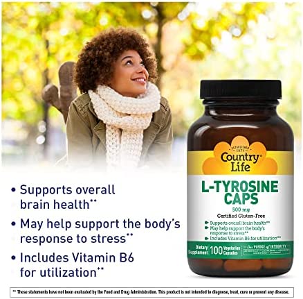 Country Life L-Tyrosine Vegetarian Capsules 500mg with B-6, 100-Vegetarian Capsules