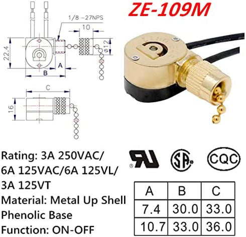 Ceiling Fan Switch Zing Ear ZE-109M Pull Chain Switch On/Off Light Switch for Hunter Ceiling Fan Light Lamp Replacement