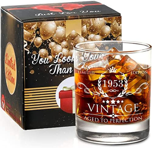 AOZITA 70th Birthday Gifts for Men Whiskey Glass- 70th Birthday Decorations for Men, Party Supplies - 70th Bday Gifts Ideas for Him, Dad, Husband, Friends - 11oz