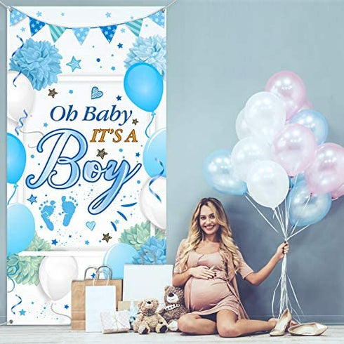 Baby Shower Decorations, Welcome It is a Boy Sign Banner Door Cover Blue Photo Backdrop for Baby Shower Party Supplies, 70.87 x 35.43 inch