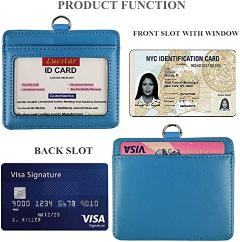 Lucstar Professional ID Badge Holder with Clip Lanyard Horizontal,Genuine Leather Badge Holder Heavy Duty, Clear Window Coach Name Holder for Women Men Work Student ID, Nurse Company(Azure)