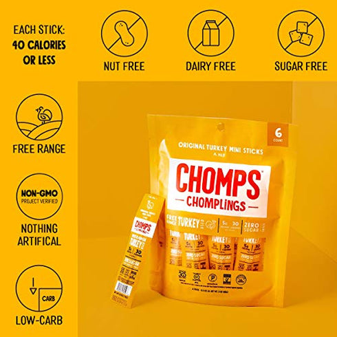 CHOMPS MINI Free Range Turkey Jerky Meat Snack Sticks, Original Turkey, 0.5 Ounce (Pack of 6)