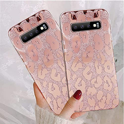 J.west Galaxy S10 Case 6.1-inch, Luxury Saprkle Bling Glitter Leopard Print Design Soft Metallic Slim Protective Phone Cases for Women Girls TPU Silicone Cover Case for Samsung S10 Rose Gold