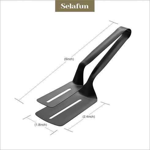 Kitchen Tongs Steak Clamp Bread Tongs 10 inch Double Spatula Tongs Clip Pizza Clamp Stainless Slotted Multi-Function Food Flipping for Bread Eggs BBQ Hamburgers Patties Pancakes (1, Matte Black)