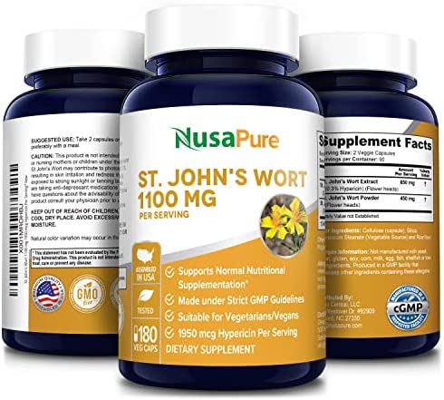 St. John's Wort 1100 mg per Serving. 180 Veggie Capsules (Vegetarian,Non-GMO & Gluten-Free) 1950 mcg Hypericin per Serving