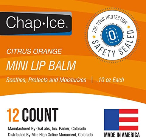 Chap-Ice® | 12-Count Mini Citrus Orange Lip Balm | Lip Balm Pack Fortified with Vitamin E for Dry, Cracked Lips | Made in USA | 12-Count Mini Lip Balm with Citrus Orange Flavor (0.10oz/3g Each)