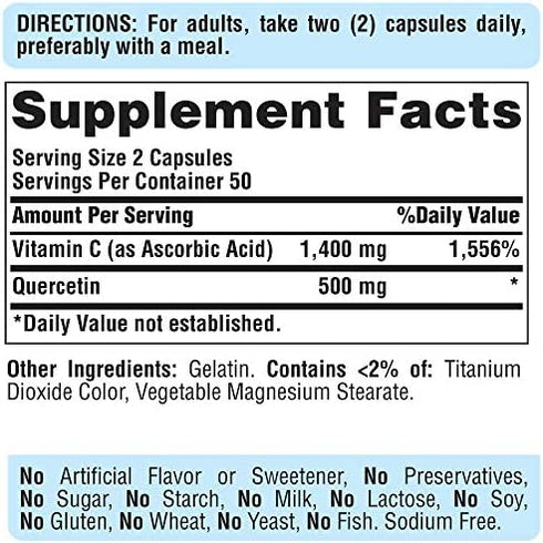 Puritan's Pride Quercetin Dihydrate Plus Vitamin C 1400 Mg, Supports a Healthy Immune System, 100 Count, (8039)
