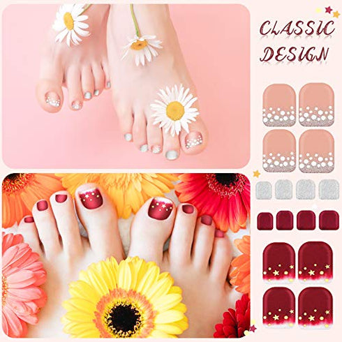 308 Pieces 14 Sheets Toenail Polish Stickers Adhesive Toe Nail Wraps Full Toe Nail Wraps Toenail Polish Strips DIY Glitter Toe Nails Manicure Decal with 2 Pieces Nail Files for Girls (Retro Style)