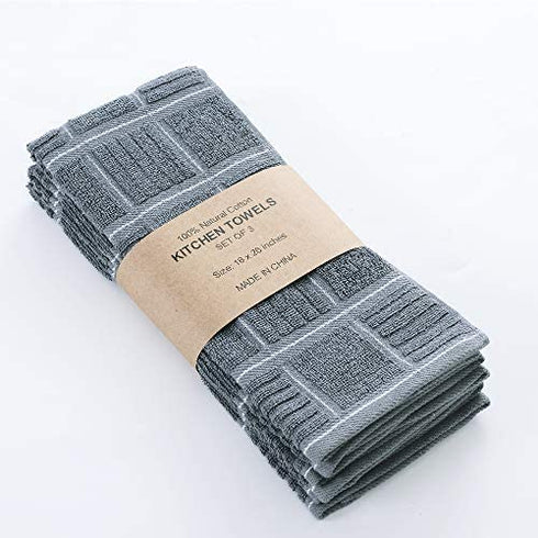 Anyi Kitchen Dish Towels Heavy Duty Absorbent Dish Cloths with Hanging Loop 100% Cotton Tea Bar Towels (16x26, Set of 3, Grey)