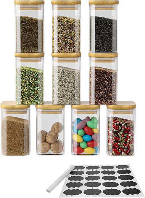 G.a HOMEFAVOR Glass Jars Set, Spice Jars with Bamboo Airtight Lids and Labels, 9.2oz 10 Pcs Small Food Storage Containers for Home Kitchen, Tea, Herbs, Sugar, Salt, Coffee, Herbs, Grains