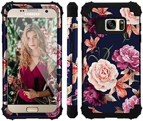 Samsung S7 Case,S7 Phone Case,Casewind Samsung Galaxy S7 Case Floral 3 in 1 Hard PC Soft Silicone Heavy Duty Hybrid Protection Shockproof Anti-Scratch Rugged Bumper Cover for Galaxy S7 Case,Navy Blue