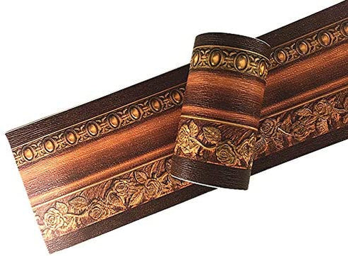 Simplemuji 3D Self Adhesive Decorative Floral Molding Waterproof Wallpaper Border Peel and Stick for Bathroom Kitchen Counter Top Tiles Sticker,4 Inch by 16.5 Feet (Dark Brown Wood Grain }