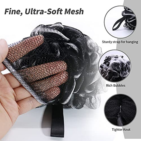 Shower Loofah Sponge Bath puff Large 75g XL for Women Men Kids Soft Mesh Pouf Body Scrubber Gentle Exfoliating shower Ball Buff Luffa with Bamboo Charcoal for Silky and Smooth Skin Cleansing 3pack