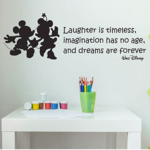 CustomVinylDecor Wall Decals Quote - Walt Disney Mickey and Minnie Mouse Decorations, "Laughter is Timeless" - Removable Home Décor Stickers - Perfect for Any Bedroom, Family Room, Office, Dorm, or Any Living Space