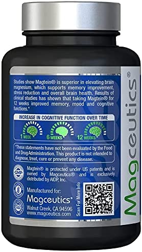 Magtein Magnesium L- Threonate - Bioavailable and 100% Water Soluble Magnesium - Clear Brain Fog, Improve Memory, Focus and Attention, Support Sleep and Mood – 30 Day Supply- 60 ct. Veggie Capsules