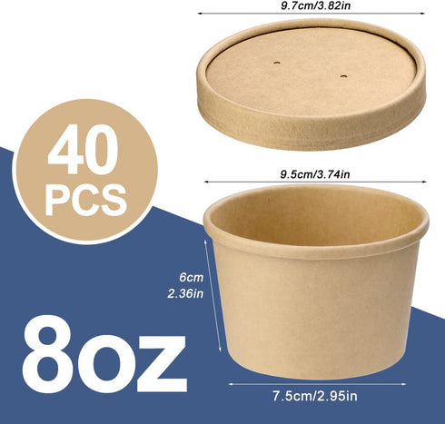 Giwrmu 8 oz Paper Soup Cups,Paper Food Containers with Lids, Kraft Ice Cream Container, To Go Soup Containers for Soups, Stews, Ice Creams, Sorbet and Salads (40 Pack)
