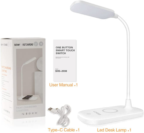Desk Lamp with Wireless Charger, Loycco Eye-Caring Led Desk Light, Desk Lamps for Home Office, Portable Wireless Charging Lamp with Flexible Gooseneck for Study, 3 Lighting Modes, Touch Control
