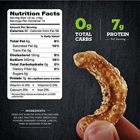 4505 Meats Spicy Green Chili and Lime Cracklins, Fried Pork Rinds, Keto Certified, Family Size Bag, 14 Servings, 7 Ounce