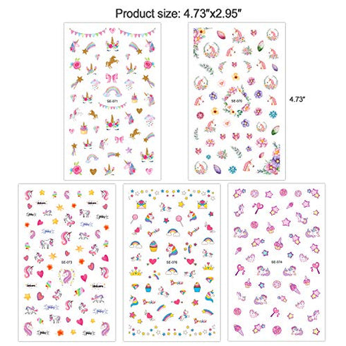 Konsait 1000+pcs Unicorn Nail Stickers Nail Decals Self Adhesive 3D Nail Art Stickers Nail Tips Decorations Manicure Decoration for Kids Little Girls Fingernails Toenails Nail Tips