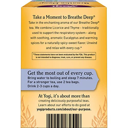 Yogi Tea - Breathe Deep (4 Pack) - Supports Respiratory Health with Eucalyptus, Thyme, and Mullein Leaves - Caffeine Free - 64 Organic Herbal Tea Bags