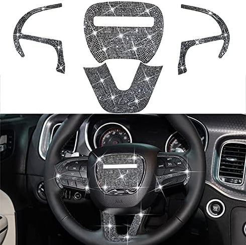 SENSHINE for Dodge Challenger Charger Durango Accessories 2014-2018 2019 2020 2021 2022 Bling Steering Wheel Sticker Cover Trim 4PCS Black For Dodge (Black Trim)