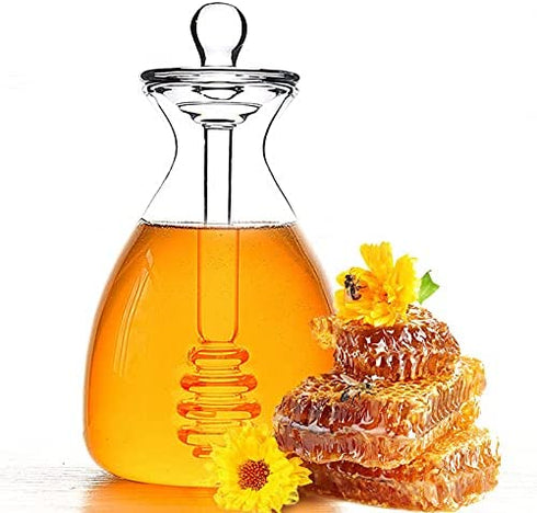 Dokimiya Honey Pot Glass Honey Dispenser Jar with Dipper for Home Kitchen, Clear, 14 Ounces