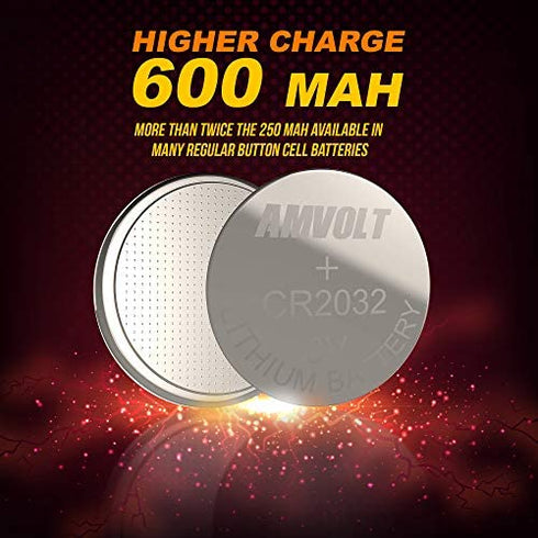 AmVolt- Pack of 12 CR2032 Batteries, 220mAh 3 Volt Lithium Battery, Long Lasting Coin Cell 2032 Batteries for Small Electronic Devices