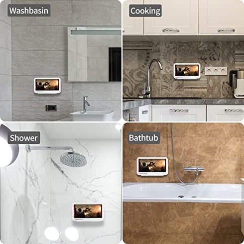 HighTech Go Shower Phone Holder Waterproof, Bathroom Phone Case - Wall-Mounted Mobiles Holder Compatible with Cell Phones Such as iPhone 13 Pro, 12 11 XS XR 8 7 6 5 4, Galaxy, Xperia (White)