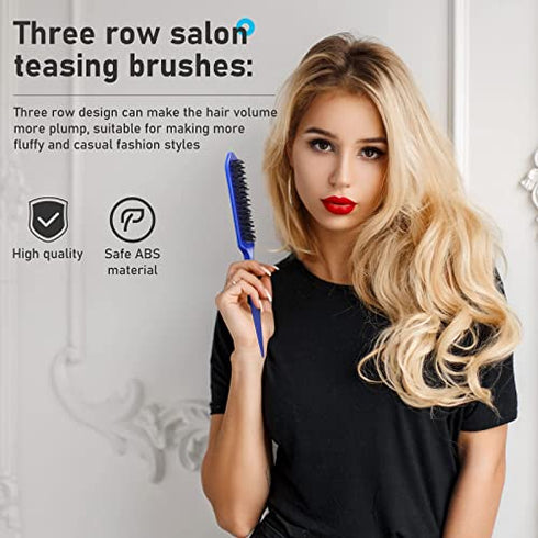 12 Pieces Hair Brush Set, Nylon Teasing Hair Brushes 3 Row Salon Teasing Brush, Double Sided Hair Edge Brush Smooth Comb Grooming, Rat Tail Combs with Duckbill Clips for Women Girls (Blue)