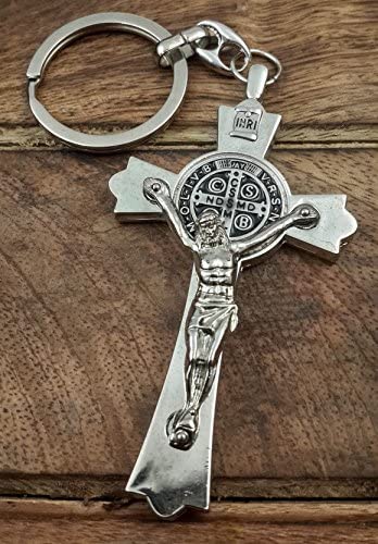 Saint Benedict Evil Protection Medal Metal Cross Keychain Faith Key Holder From Jerusalem Protective Benedictus Charm 3"