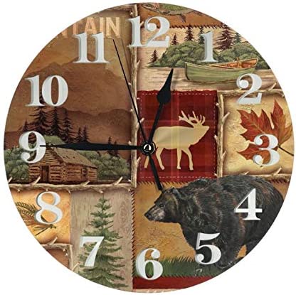 Rustic Lodge Bear Moose Deer Wall Clock, Silent Non-Ticking Quality Quartz Battery Operated Wall Clock - 10 Inch Round Easy to Read Decorative for Home Office School