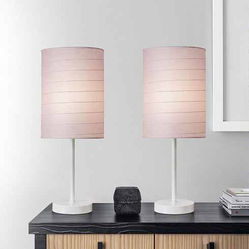 PORTRES 18.75'' Traditonal Accent Table Lamp Set of 2 for Bedroom Desk Lamps for Living Room Kids Room Study Room Office Rustic Decor Nightstand Rice Paper Lamps( White& Pink)