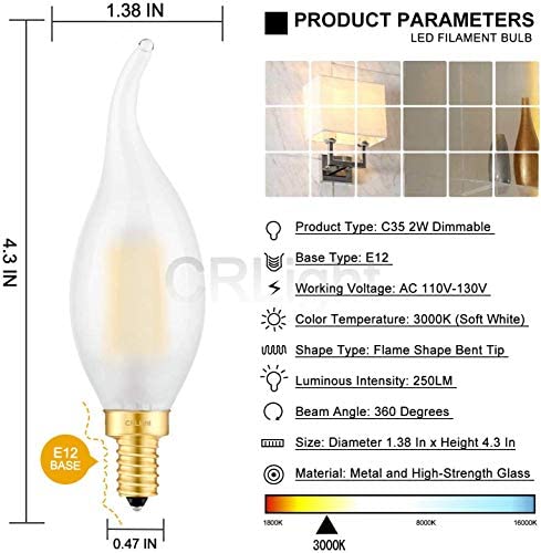 CRLight 2W LED Candelabra Bulb 3000K Soft White 25W Equivalent 250 Lumens, E12 Base Dimmable LED Chandelier Bulbs, Antique C35 Frosted Glass Candle Flame Shape Bent Tip, 6 Pack