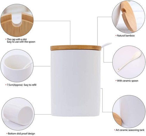 Ceramic Sugar Bowls with Bamboo Lids and Spoons-June Sky Muti-Functional Round Condiment Jar for Home- Spice Storage Canister,10.8 oz 320 ML,3 Pcs Set