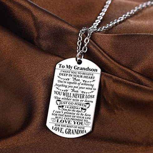 YEEQIN Grandson Necklace Love Grandson Dog Tag Believe Inspirational Gifts from Grandma Grandmother to Grandson Birthday Graduation Gifts