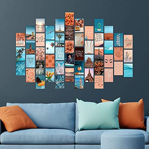 WOONKIT Peach Teal Wall Collage Kit Aesthetic Pictures, Collage Kit for Wall Aesthetic, Aesthetic Wall Collage, Cute Room Decor for Teen Girls, Trendy Teen Peach Teal Collage Kit, 50pcs 4x6 inch
