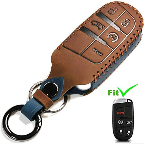 Leather Car Key Fob Cover Compatible with Jeep Keyless Remote Control Grand Cherokee Dodge Challenger Charger Dart Durango Journey Chrysler 200 300 Fiat etc (A Style, Brown)