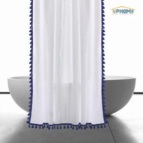 Uphome Tassel Shower Curtain, White Fabric Shower Curtain with Blue Fringe Trims, Vintage Boho Chic Cloth Shower Curtains for Bathroom Showers, 72 x 72