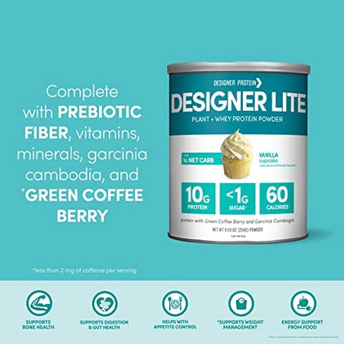 Designer Protein Lite, Vanilla Cupcake, 9.03 Ounce, Low Calorie Protein Powder