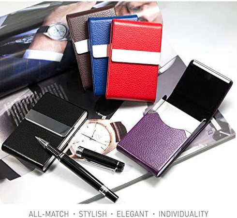 Padike PU Leather Business Card Holder for Women Slim Pocket Business Name Card Holder Stainless Steel Business Card Case with Magnetic Shut (Purple)