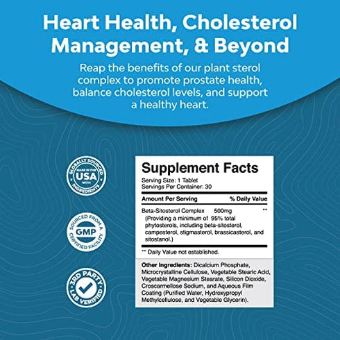 Plant Sterols Complex with Beta Sitosterol - 500mg Beta-Sitosterol Sterols and Stanols Supplement for Heart Health and Prostate Support - Heart and Prostate Health Supplement for Men - 30 Tablets
