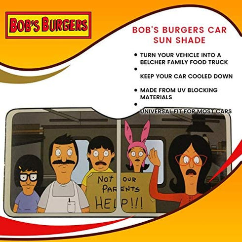Bob's Burgers Car Window Sun Shade Visor - Licensed Pop Culture TV Merchandise - Windshield Visor And Shield - Novelty Automotive Accessories - Standard Size UV Blocker - Geeky Funny Gifts